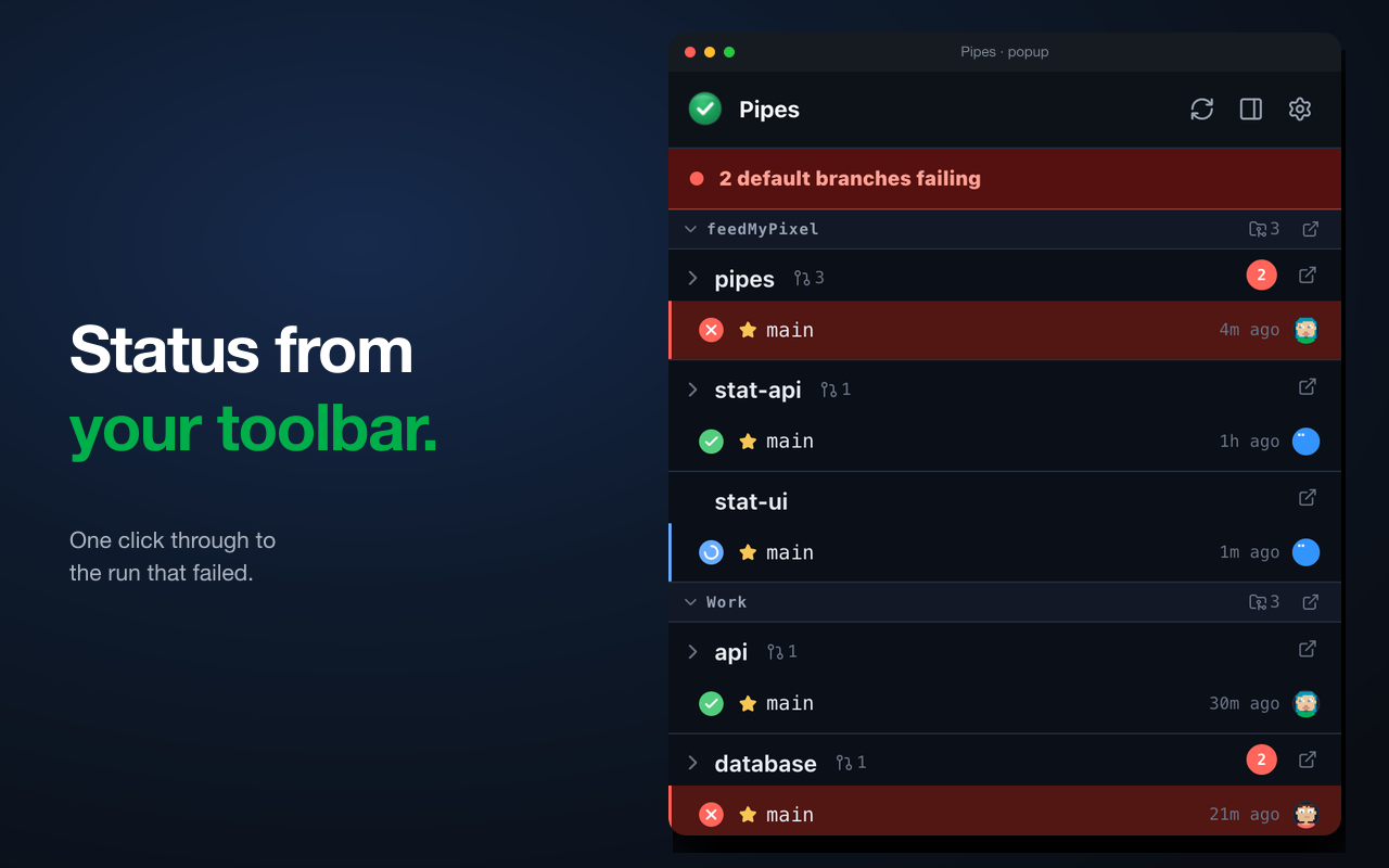Pipes: status from your toolbar