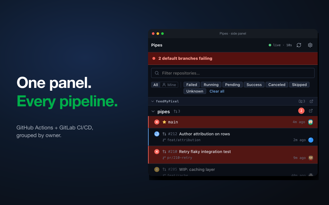 Pipes: every repo in a side panel